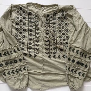 Free People Olive Embroidered Blouse